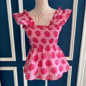 J. Marie Elsie Pink Floral Ruffle Smocked Ruched Sleeveless Top - Size S